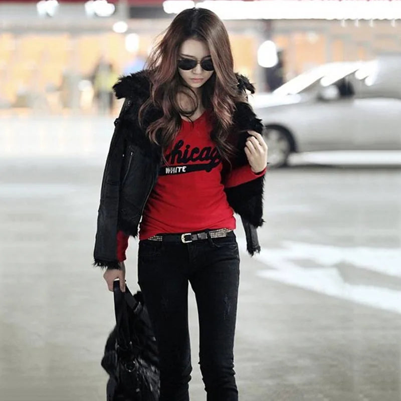 Long Sleeve V neck Women tops tee Letter Printed Casual Women Clothing Black Red Cotton Slim Female Tops Spring Autumn Winter