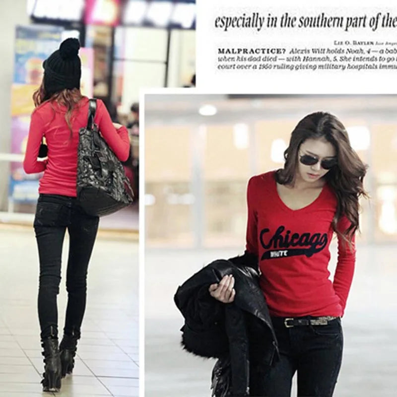 Long Sleeve V neck Women tops tee Letter Printed Casual Women Clothing Black Red Cotton Slim Female Tops Spring Autumn Winter